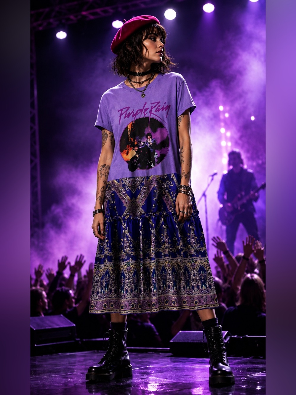 Upcycled Prince Purple Rain Graphic Tee Shirt Dress Blue Paisley Print Size M L